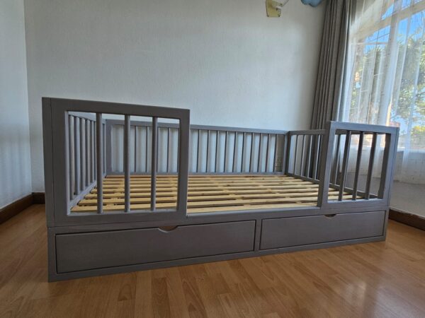 Grey Wooden Bed set with rails and storage drawers