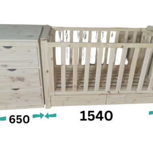 Raw wooden crib compactum with storage drawers angled view with diameters