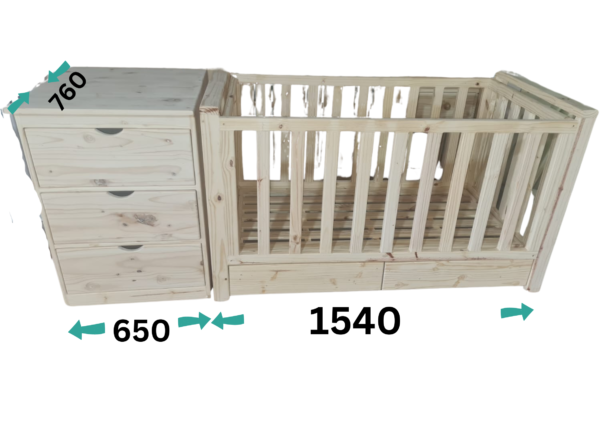 Raw wooden crib compactum with storage drawers angled view with diameters