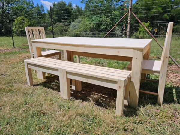 raw wooden full patio set bench and chair set side view of small benched