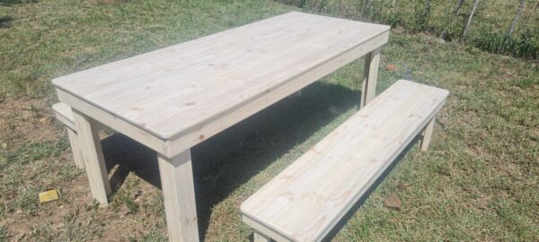 Raw wooden 8 seater patio set with wooden benches side angle view