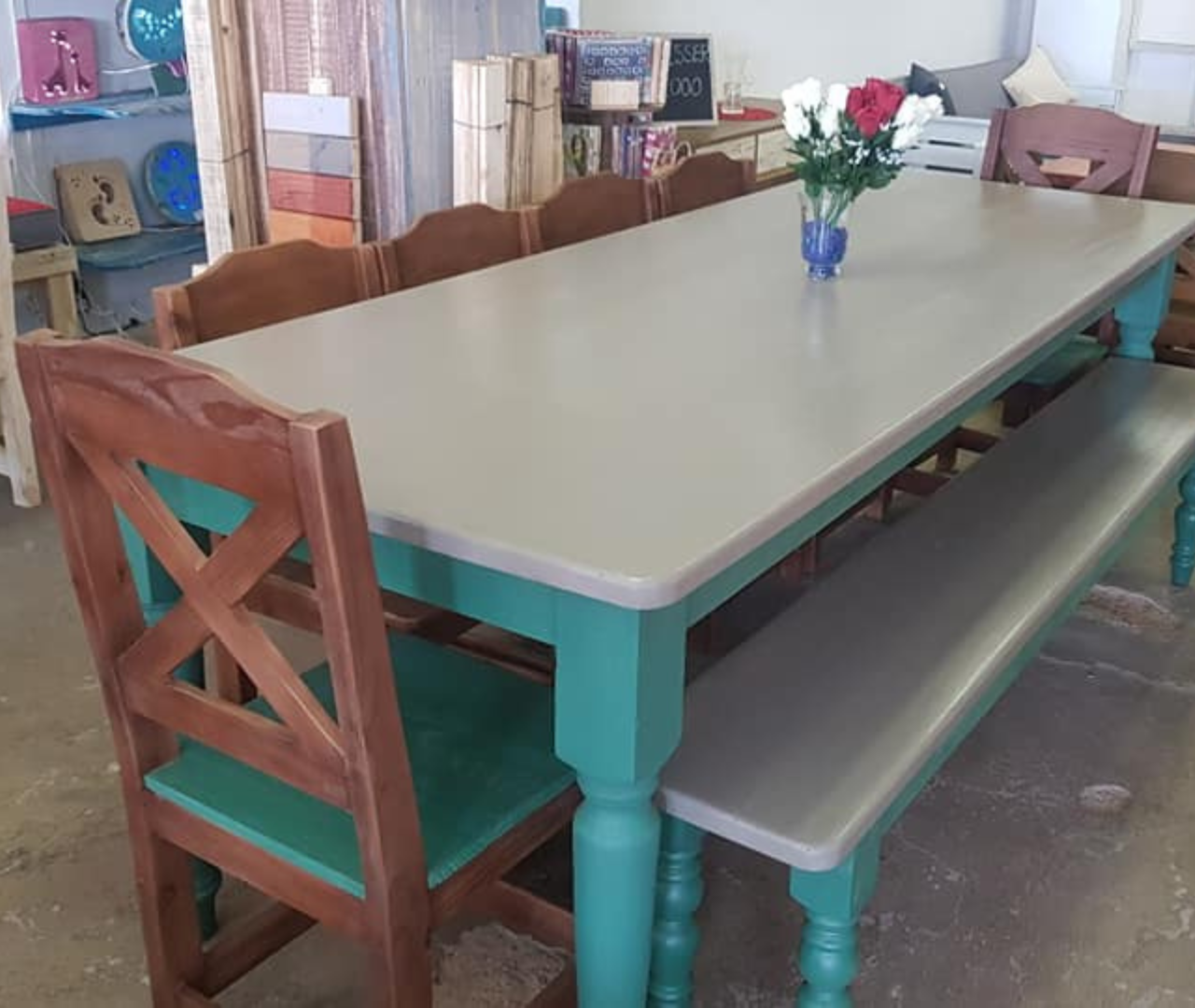 Green and wooden custom made dining set