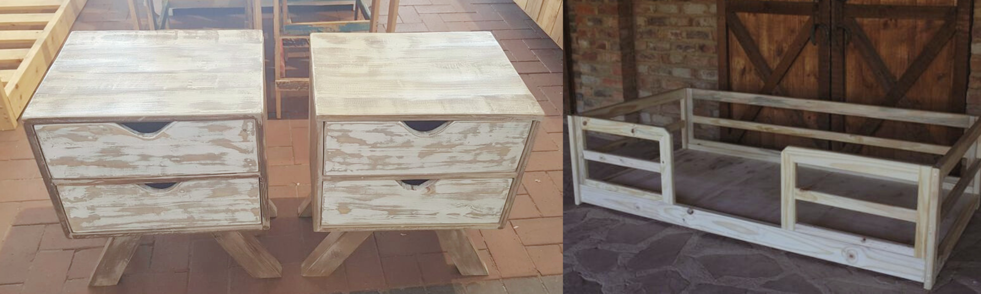 Wooden side tables displayed and wooden bed