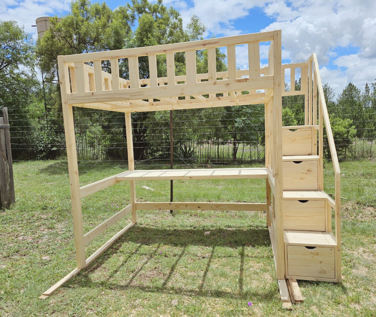 raw pine loft bed with step drawers