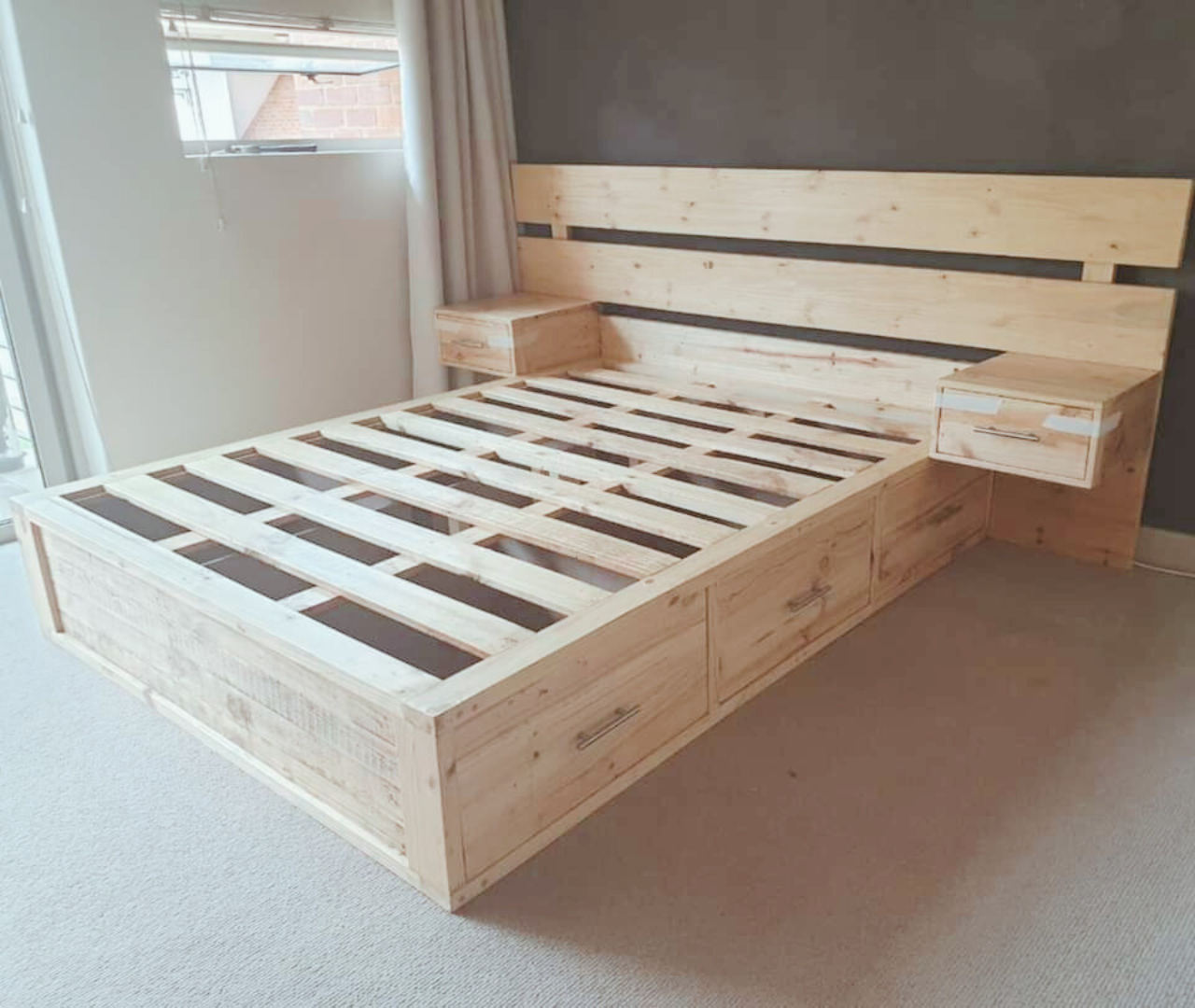 wooden floating queen bed