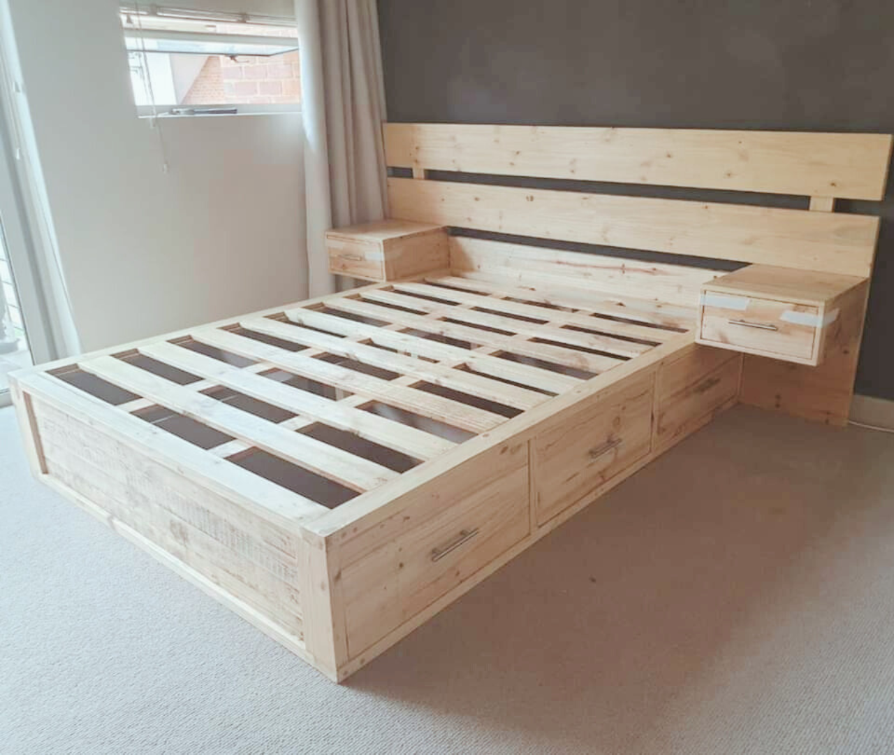 Wooden Floating bed with headboard and floating side tables