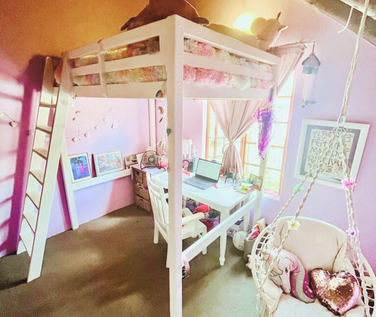 white loft bunk bed in pink room