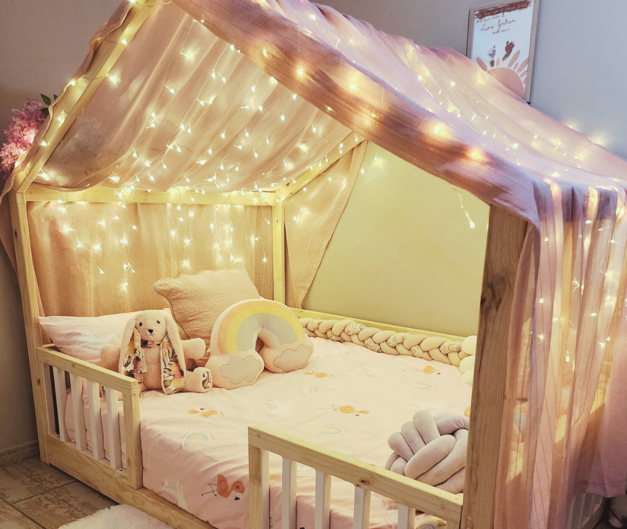 kids wooden frame house bed