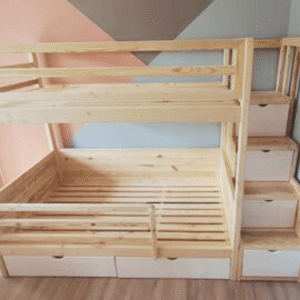 Clear sealed carcass with white finishings bunk bed with step box drawers and storage drawers