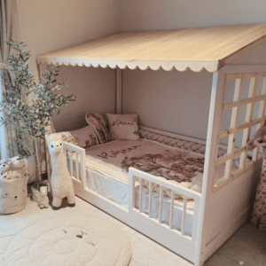cute white and raw wood house bed with roof and window set up in bedroom