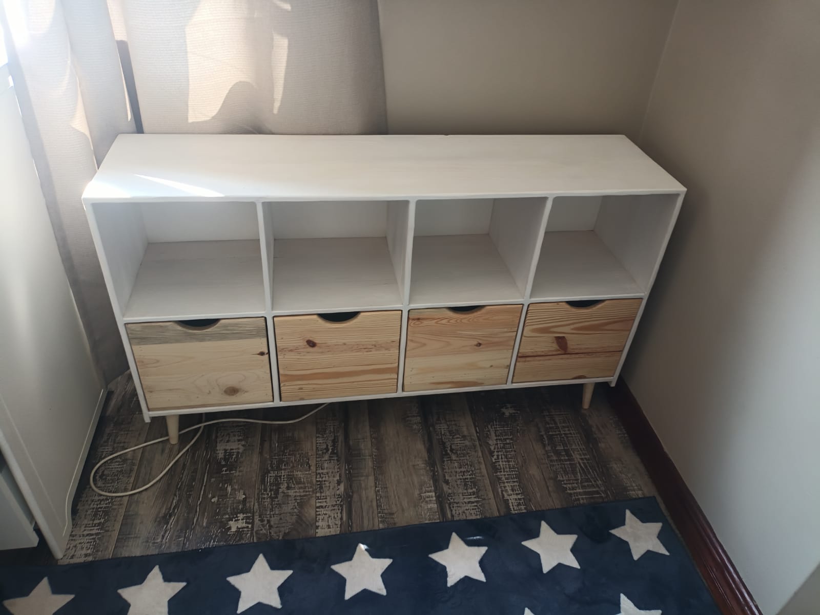 White and raw pine 8 cube cube with 4 cube drawers