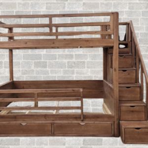 loft bunk bed with steps stained dark brown
