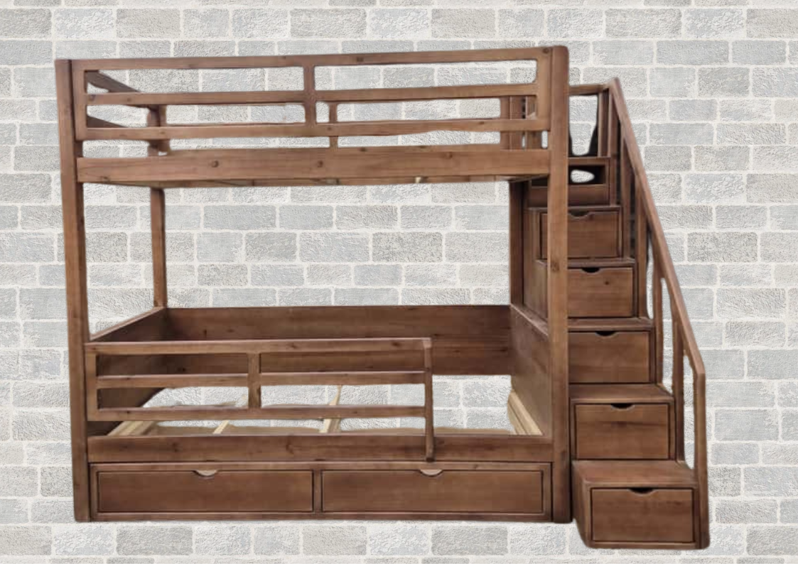 loft bunk bed with steps stained dark brown